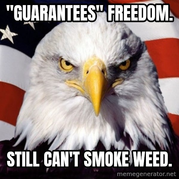 American Pride Eagle meme: "guarantees" freedom. / Still can't smoke weed.