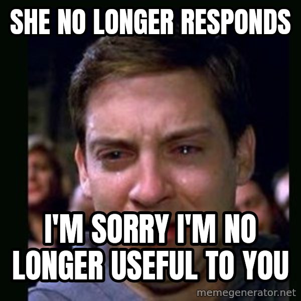 crying peter parker meme: she no longer responds / I'm sorry I'm no longer useful to you