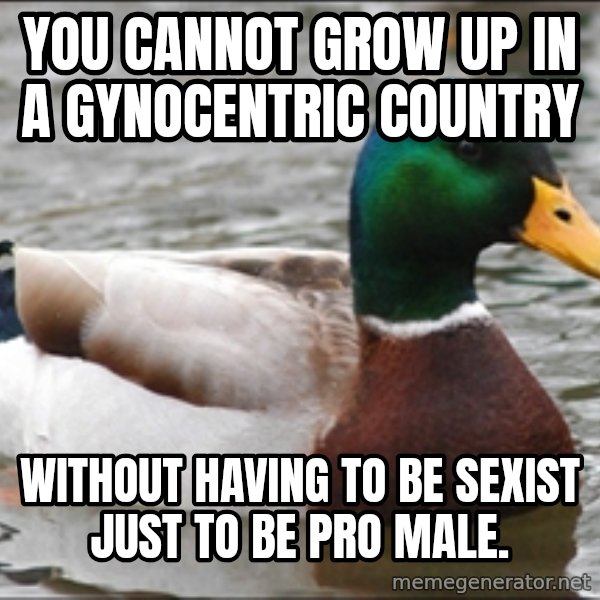 Actual Advice Mallard 1 meme: you cannot grow up in a gynocentric country / without having to be sexist just to be pro male.