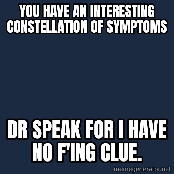 Chronic Illness Cat meme: You have an interesting constellation of symptoms / Dr Speak for I have No F'ing Clue.