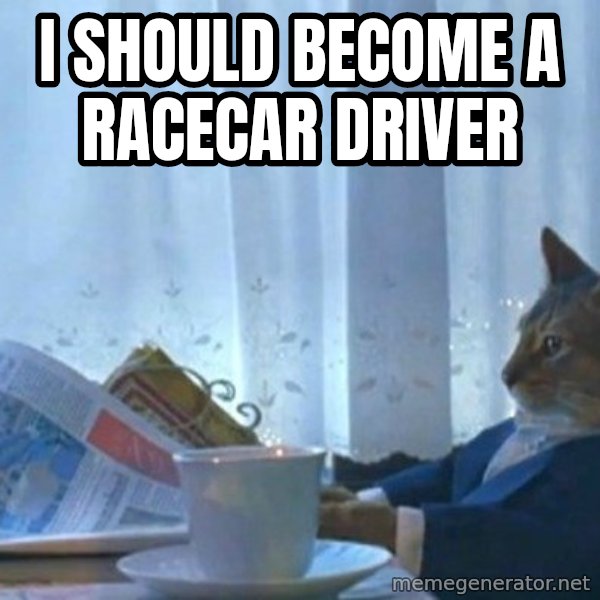 newspaper cat realization meme: I SHOULD BECOME A RACECAR DRIVER
