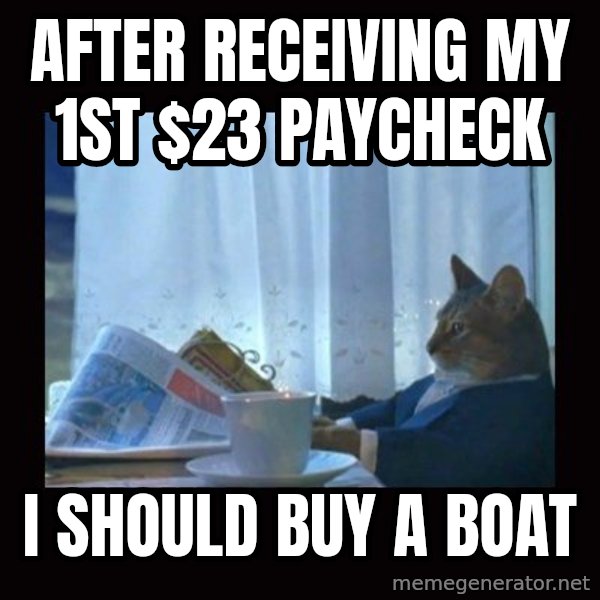 i should buy a boat cat meme: After RECEIVING my 1st $23 paycheck / I should buy a boat