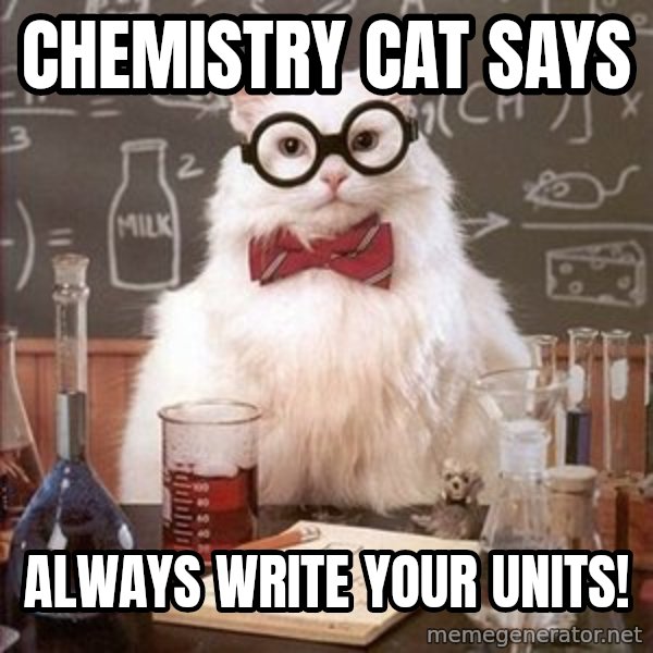 Chemistry Cat meme: Chemistry cat says / always write your units!