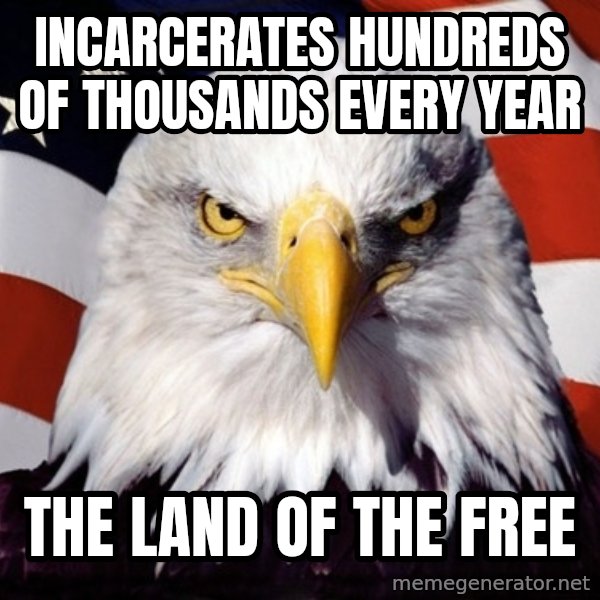 American Pride Eagle meme: INCARCERATES HUNDREDS OF THOUSANDS EVERY YEAR / THE LAND OF THE FREE
