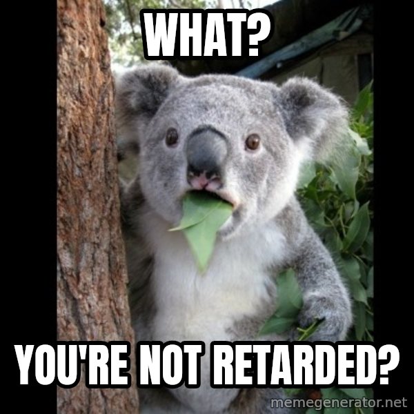 Koala can't believe it meme: WHAT? / You're not retarded?