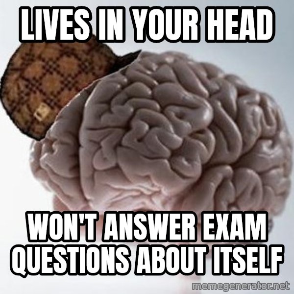 Scumbag Brain meme: Lives in your head / Won't answer exam questions about itself