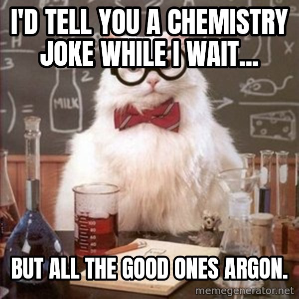 Chemistry Cat meme: I'd tell you a chemistry joke while i wait... / but all the good ones argon.