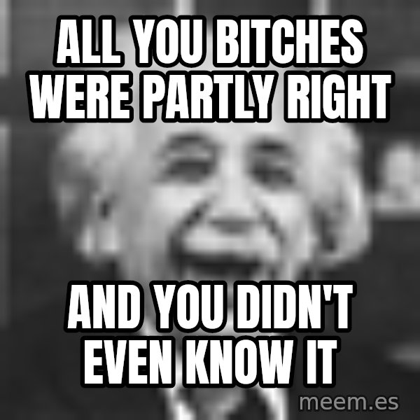 Einstein Laugh meme: all you bitches were partly right / and you didn't even know it