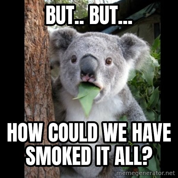 Koala can't believe it meme: but.. but... / how could we have smoked it all?