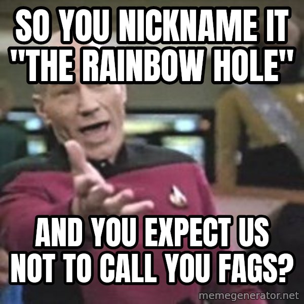 Captain Picard meme: So you nickname it "the rainbow hole" / and you expect us not to call you fags?