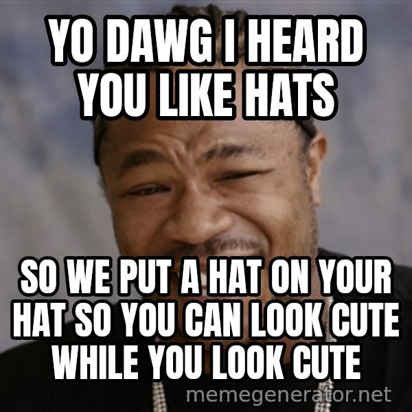 Yo Dawg I Heard You Like meme: YO DAWG I HEARD YOU LIKE HATS / SO WE PUT A HAT ON YOUR HAT SO YOU CAN LOOK CUTE WHILE YOU LOOK CUTE