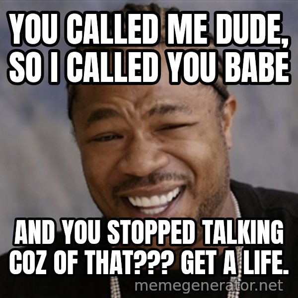 Yo Dawg I Heard You Like meme: You called me dude, so I called you babe / and you stopped talking coz of that??? Get a life.