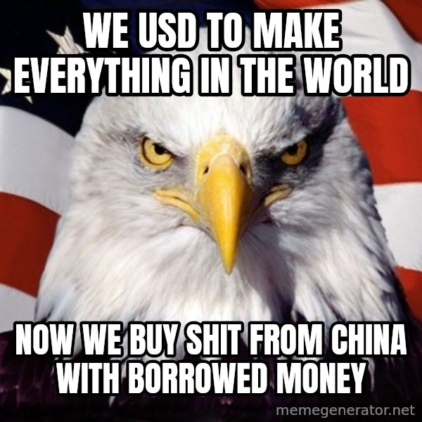 American Pride Eagle meme: we usd to make everything in the world / now we buy shit from china with borrowed money