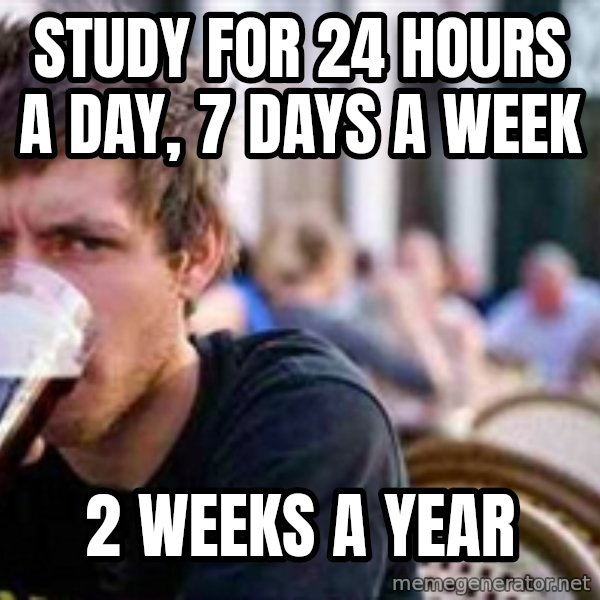 The Lazy College Senior meme: Study for 24 hours a day, 7 days a week / 2 weeks a year