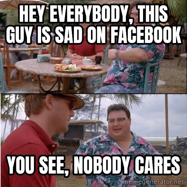 See? Nobody Cares meme: Hey everybody, this guy is sad on Facebook / You see, nobody cares