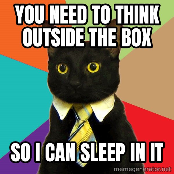 Business Cat meme: you need to Think outside the box / so i can sleep in it