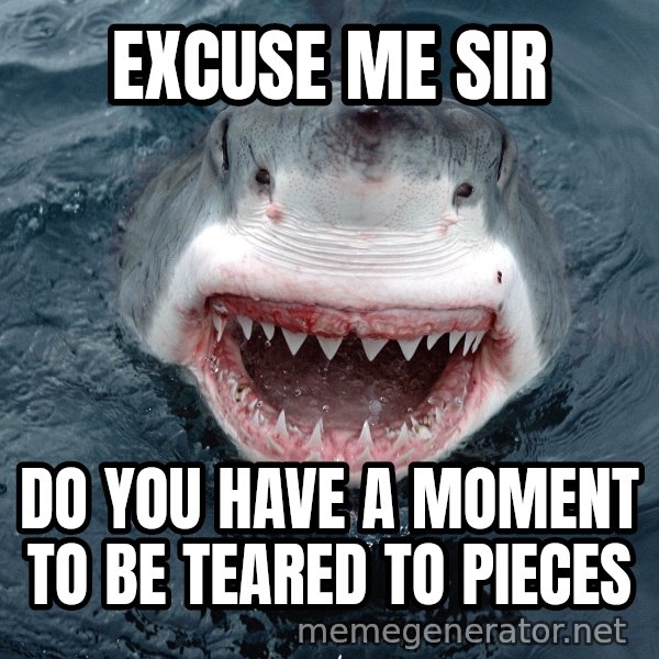 Insanity Shark meme: EXCUSE ME SIR / DO YOU HAVE A MOMENT TO BE TEARED TO PIECES
