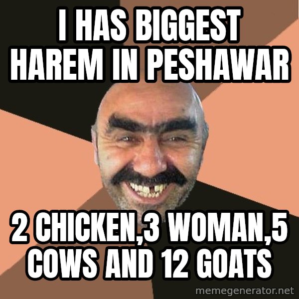 Provincial Man meme: i has biggest harem in peshawar / 2 chicken,3 woman,5 cows and 12 goats