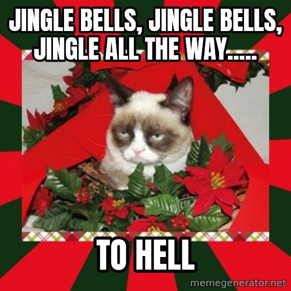GRUMPY CAT ON CHRISTMAS meme: Jingle bells, jingle bells, jingle all the way..... / to hell