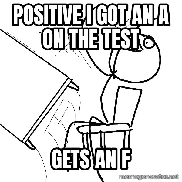 Desk Flip Rage Guy meme: POSITIVE I GOT AN A ON THE TEST / GETS AN F