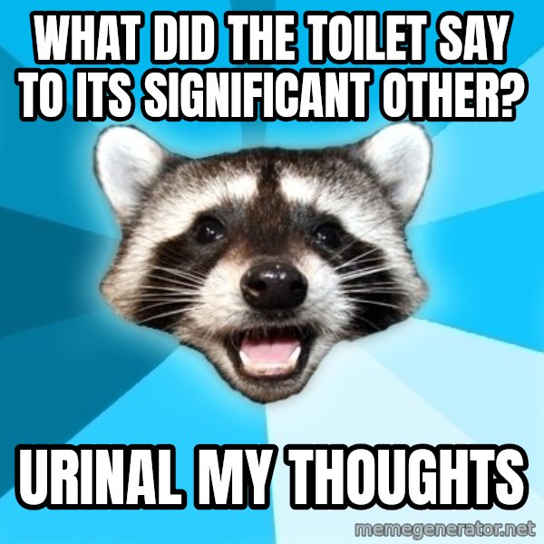 Lame Pun Coon meme: what did the toilet say to its significant other? / urinal my thoughts