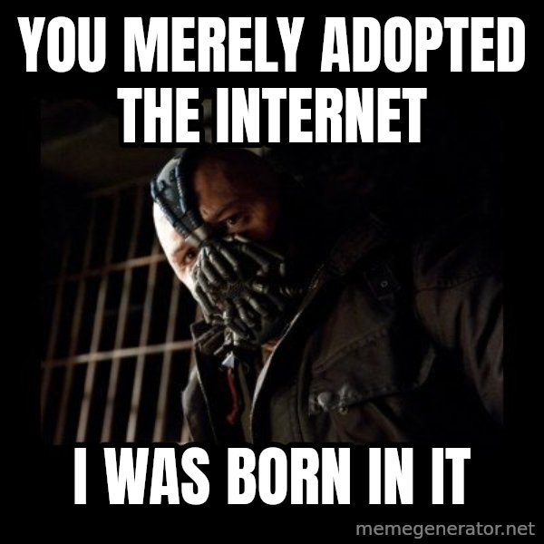 Bane meme: you merely adopted the internet / i was born in it