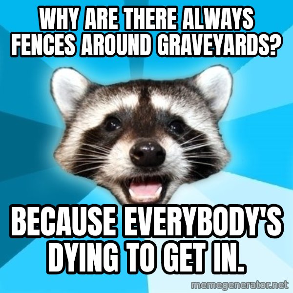 Lame Pun Coon meme: WHY ARE THERE ALWAYS FENCES AROUND GRAVEYARDS? / BECAUSE EVERYBODY'S DYING TO GET IN.