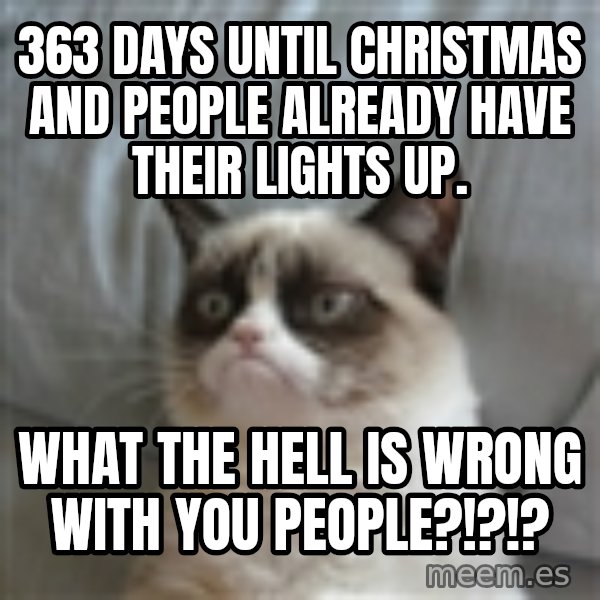 Grumpy Cat ={ meme: 363 days until Christmas and people already have their lights up. / WHAT THE HELL IS WRONG WITH YOU PEOPLE?!?!?