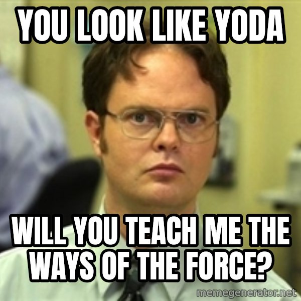 Dwight Schrute meme: you look like yoda / will you teach me the ways of the force?