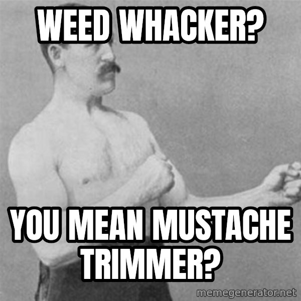 overly manlyman meme: weed whacker? / you mean mustache trimmer?