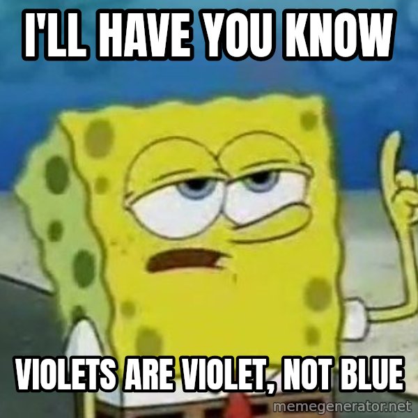 Tough Spongebob meme: I'll have you know / Violets are VIOLET, not blue