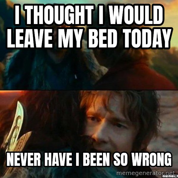 Never Have I Been So Wrong meme: i thought i would leave my bed today / never have i been so wrong