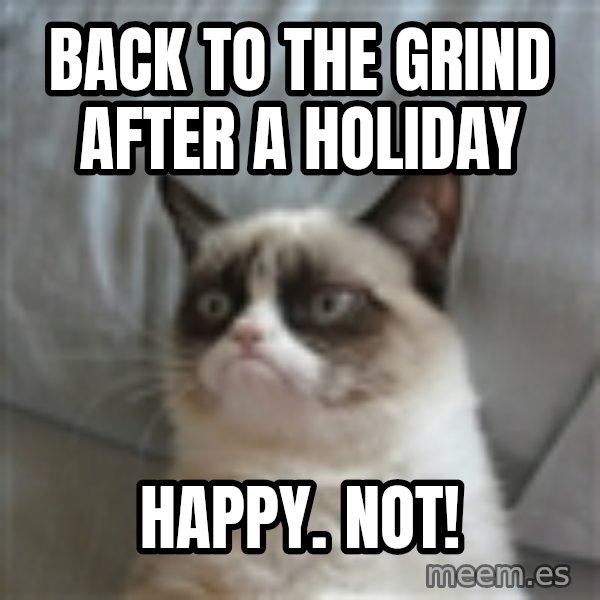 Grumpy Cat ={ meme: back to the grind after a holiday / happy.  NOT!