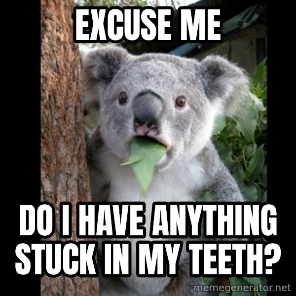 Koala can't believe it meme: Excuse me / Do I have anything stuck in my teeth?