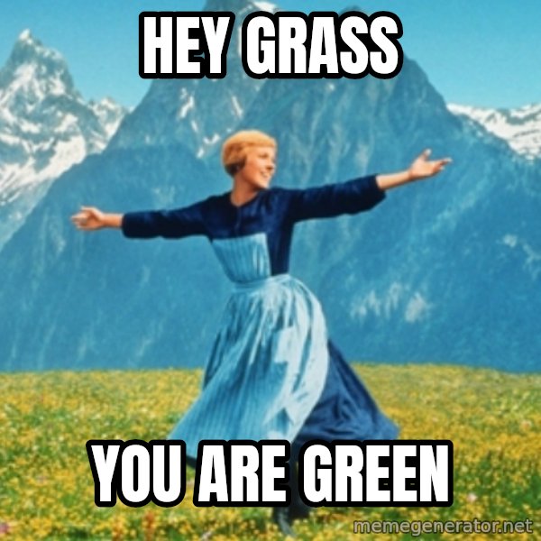 Sound Of Music Lady meme: hey grass / you are green