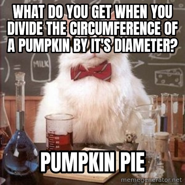 Chemistry Cat meme: What do you get when you divide the circumference of a pumpkin by it's diameter? / Pumpkin Pie