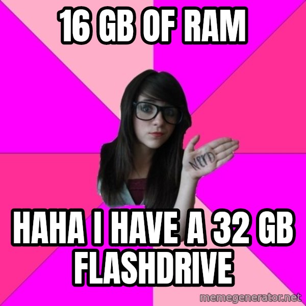 Idiot Nerd Girl meme: 16 GB of ram / haha i have a 32 gb flashdrive