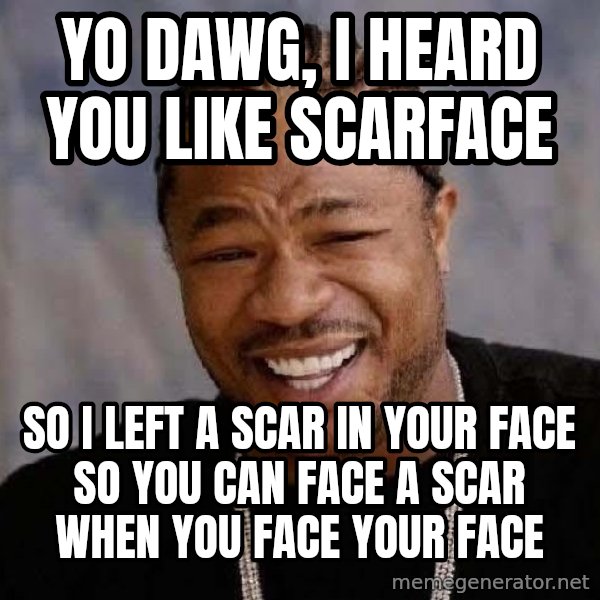 Yo Dawg meme: Yo dawg, i heard you like scarface / so i left a scar in your face so you can face a scar when you face your face