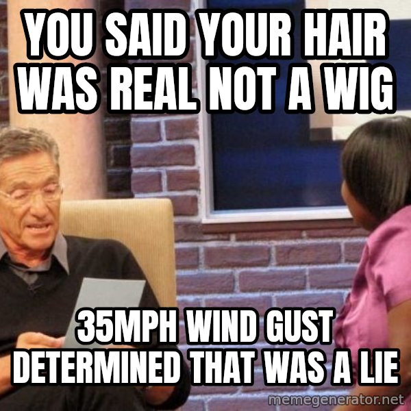 Maury Lie Detector meme: you said your hair was real not a wig / 35mph wind gust determined that was a lie