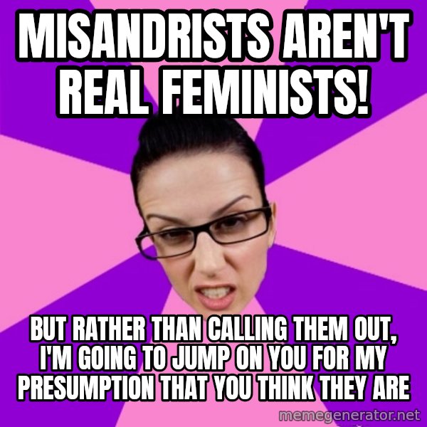 Privilege Denying Feminist meme: misandrists aren't real feminists! / but rather than calling them out, I'm going to jump on you for my presumption that you think they are