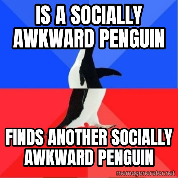 Socially Awkward to Awesome Penguin meme: is a socially awkward penguin / finds another socially awkward penguin