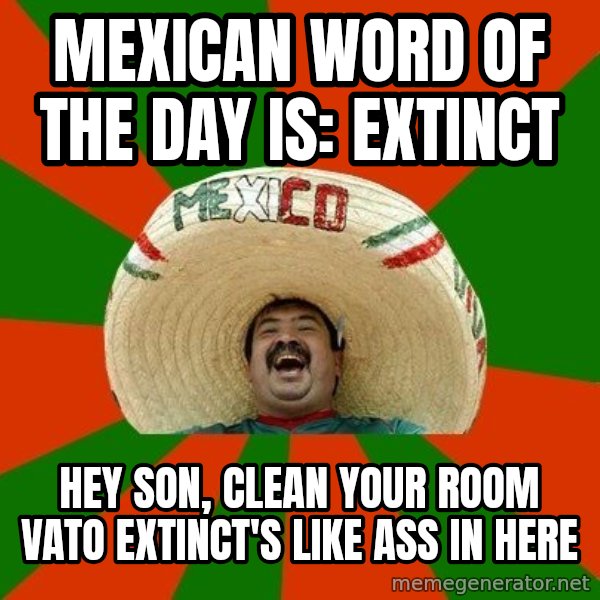 Successful Mexican meme: mexican word of the day is: extinct / hey son, clean your room vato extinct's like ass in here