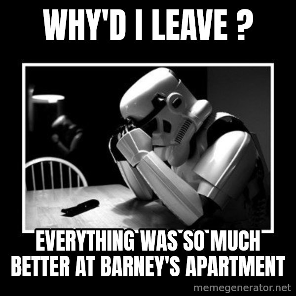 Sad Trooper meme: Why'd I Leave ? / Everything was so much better at Barney's apartment