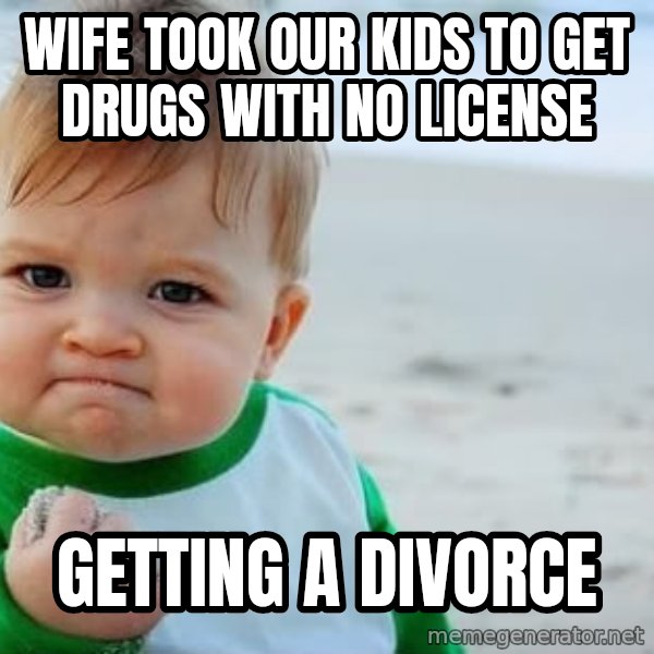 Success Kid meme: wife took our kids to get drugs with no license / getting a divorce