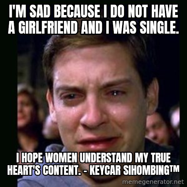 crying peter parker meme: I'm sad because I do not have a girlfriend AND I WAS SINGLE. / I HOPE WOMEN UNDERSTAND MY TRUE HEART'S CONTENT. - Keycar Sihombing™
