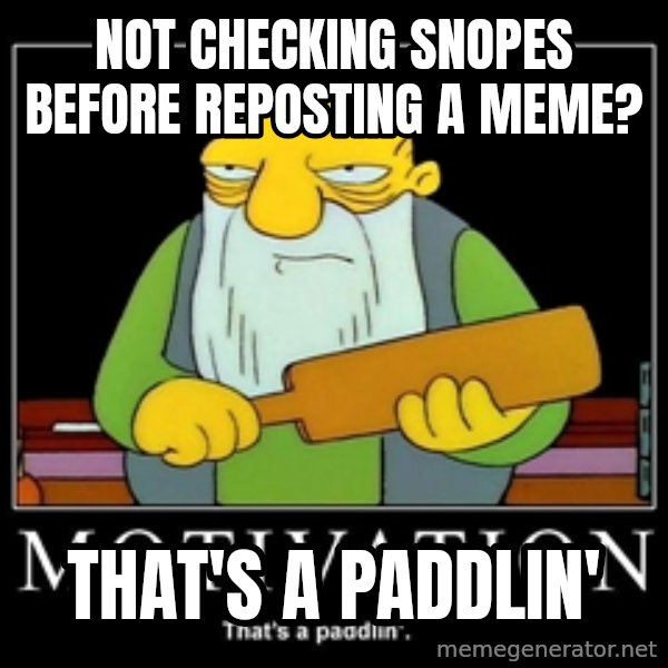 Thats a paddlin meme: Not checking snopes before reposting a meme? / That's a paddlin'