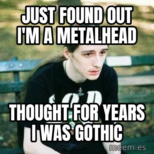 depressed metalhead meme: JUST FOUND OUT I'M A METALHEAD / THOUGHT FOR YEARS I WAS GOTHIC