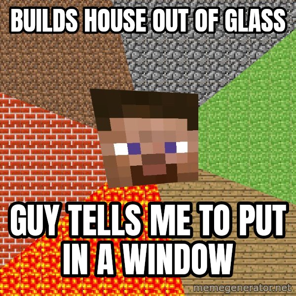 Minecraft Guy meme: Builds house out of glass / guy tells me to put in a window