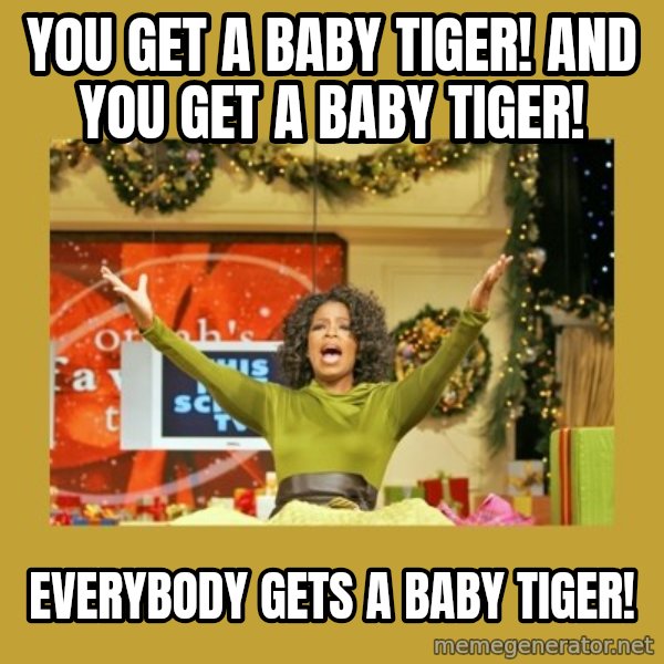 Oprah You get a meme: You get a baby tiger! and you get a baby tiger! / everybody gets a baby tiger!