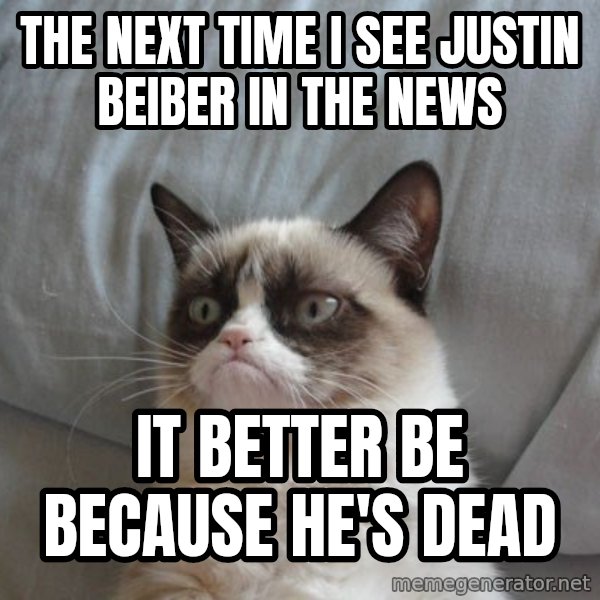Grumpy cat good meme: the next time i see justin beiber in the news / it better be because he's dead